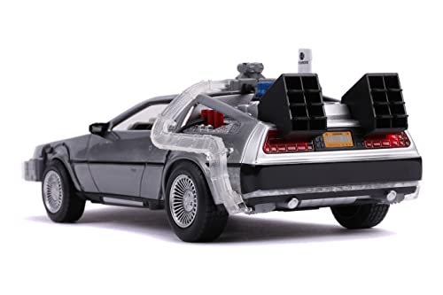 Jada DeLorean Brushed Metal Time Machine With Lights (Flying Version) Back To The Future Part Ii (1989) Movie 1/24 Diecast Model Car 31468, Grey