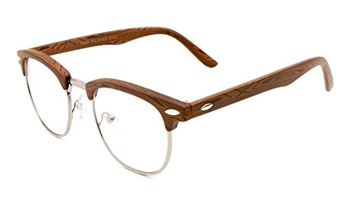 Unisex Retro Classic Glasses Wood Parttern Frame Clear Lens (Silver/Honey Oak, Clear)