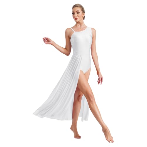 CHICTRY Femme Robe Danse Lyrique sans Manche Costume Danse Contemporaine Moderne Justaucorps Gymnastique Patinage Blanc S
