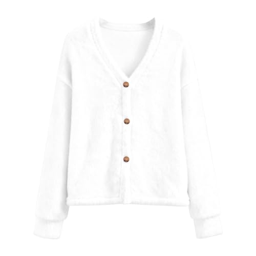 Generisch Cárdigan esponjoso para mujer con cuello en V - Cárdigan suave en aspecto de oso de peluche con botones | Chaqueta de entretiempo ligera y acogedora, Style_b12 Blanco, S