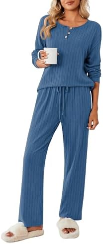 Ekouaer Schlafanzug Damen Lang Pyjama Zweiteiler Winter Loungewear,S-XXL | Feines, glattes Rippmaterial mit Knöpfen, Kordelzug und Taschen,Entspannen zu Hause, für den Alltag, Urla