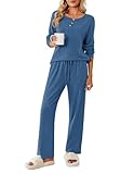 Ekouaer Womens Pajama Set Long Sleeve Top and Pants Winter Pjs Sets Ladies Soft Sleepwear Loungewear, Blue, M