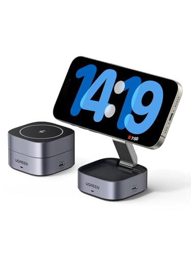 UGREEN MagFlow Magnetic Foldable Charging Station, 2-in-1 Fast Wireless Charger Compatible with iPhone 17 17 Air 17 Pro 17 Pro Max 16 15 14 13 12, Airpods3 2 Pro (No AC Adapter)