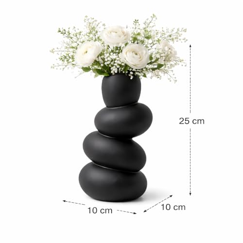 Image of Ceramic Pebble Vase, 9 inch Stacked Stone Design for Pampas Grass & Modern Home Decor, Unique Geometric Flower Vase Centerpiece (Black)