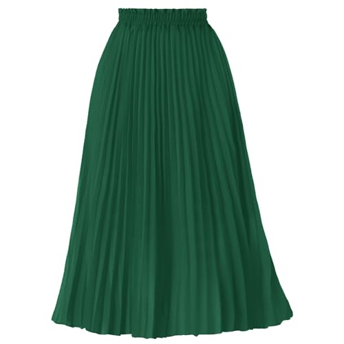 GOOBGS Women's Pleated A-Line High Waist Swing Flare Midi Skirt Deep Green Small