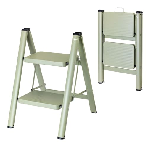 Vigar Escalera de Tijera, Taburete de Dos Peldaños Plegable hasta 150 kg, Ligera, Escalera de Acero Antideslizante con Mango de Metal, Escaleras Plegables para el Hogar, Verde