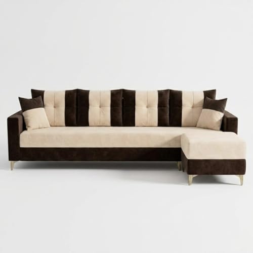 Image of Cavishq 5 Seater L Shape Sofa Set with Movable Ottoman | Flexible Layout | Luxury Velvet Suede Fabric | Modern Living Room Sofa | Dark Brown-Cream