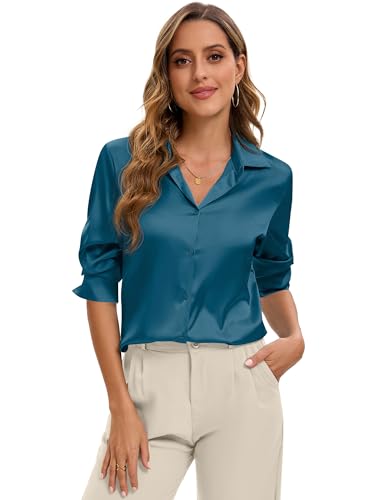 Image of Premium Soft Breathable Stretch Satin Silk Button Down Shirts for Women Long Sleeve Leopard Blouses Work Dress Tops