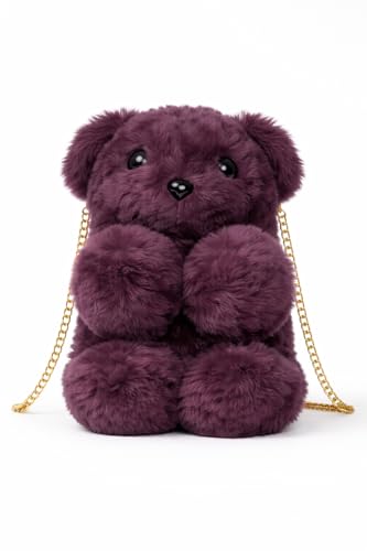 Image of Cute Teddy Bear Plush Sling Bag For Kids And Girls with Chain Strap, Soft Faux Fur, Zipper Closure, Compact Storage for Phone Wallet Essentials (Wine)