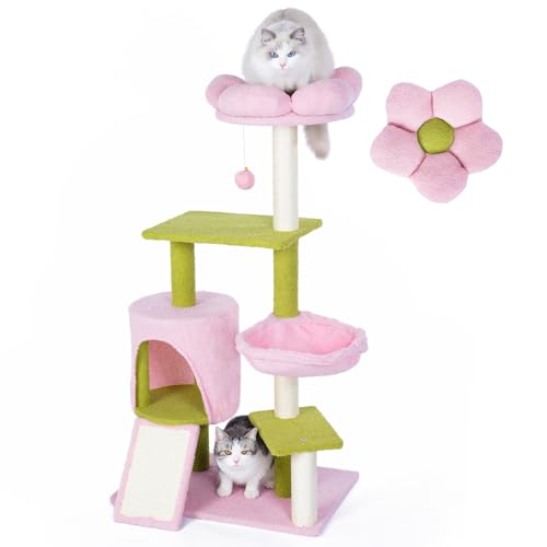 sagrynfp Flower cat Tree?46 Inches Medium Cat Tower with Steel Frame Hammock and 3 Scratching Posts, Floral Cat Tree with 1 Condos and Perches for Medium Indoor Cats - Pink