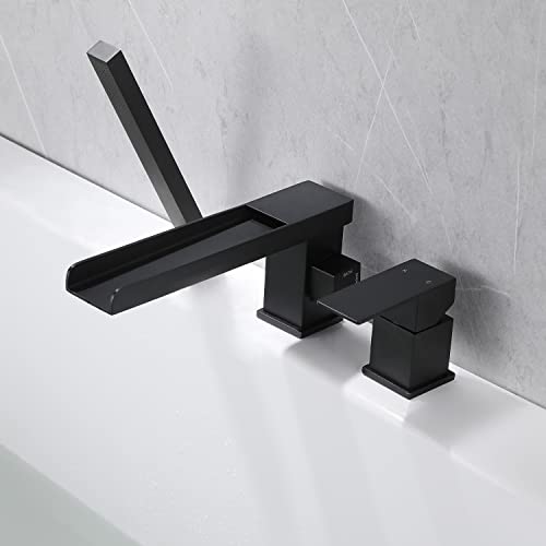 Hamoler Waterfall Roman Tub Faucet Deck Mount Single Handle Bathtub Faucet With Hand Shower 3 Holes Widespread Bathroom Faucet With Waterfall Tub Spout, Matte Black #TOP7