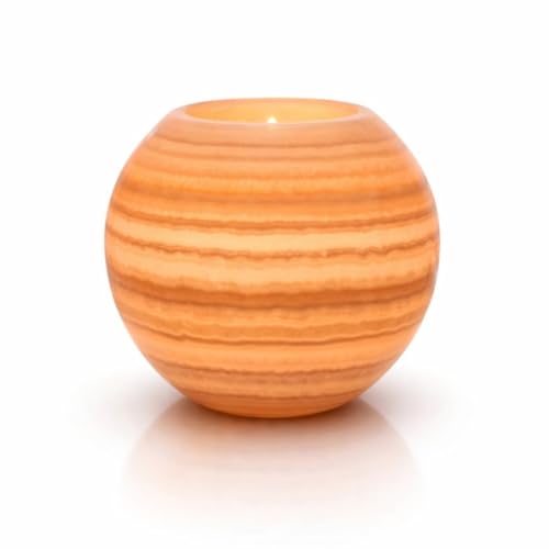 CraftsOfEgypt Single Alabaster Candle Holder - Egyptian Tealight and Votive Candles Holders with Amber Glow for Home Dcor Natural Stone Soothing Tranquil Aurora