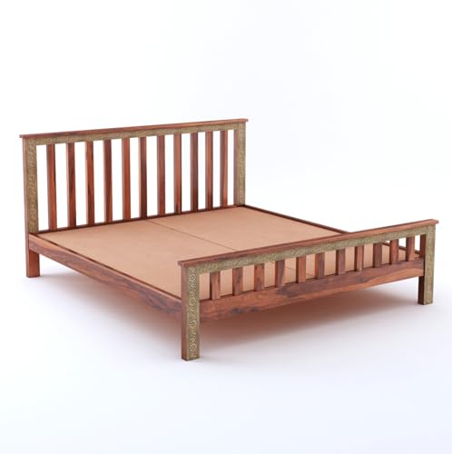 RJ ART Wooden Queen Size Bed Without Storage | Traditional Double Bed Cot Bed with Brass Work for Bedroom & Hotel | Palang/Platform Bed | Sheesham Wood | Honey | Recommended Mattress Size: 78 X 60 X 6