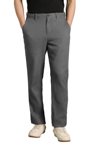 Image of Louis Philippe Men's Regular Straight Fit 100% Cotton Solid Elasticated Dobby Casual Trousers