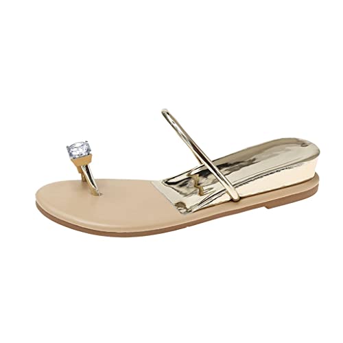 HSQMA Women's Summer Flip Flops Rhinestone Fashion Summer Wedge Heel Simple Outer Wear One-Word Sandals Beach Slippers Ladies Casual Comfort Thong Slippers Non-Slip (Color : Gold, Size : EUR37)