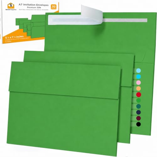 110 5x7 Leaf Green Invitation Envelopes - for 5x7 Cards - A7 - (5 ¼ x 7 ¼ inches) - Perfect for Weddings, Graduation, Baby Shower - 120 GSM - Peel, Press & Self Seal - Square Flap