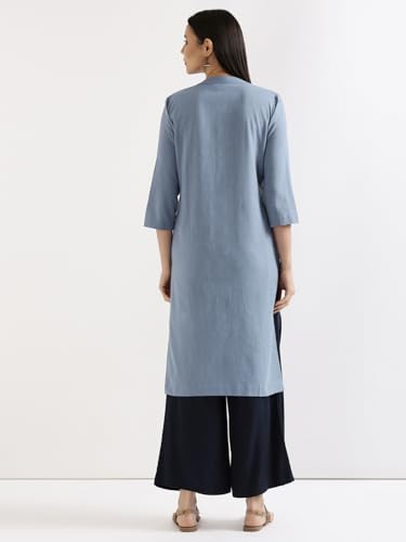 Image of SAADAA Women's Linen Straight Fit Straight Long Kurta Airy Plain Kurta, 3 /4 Sleeve, Knee Length Kurtis with Pockets, Casual and Office Wear