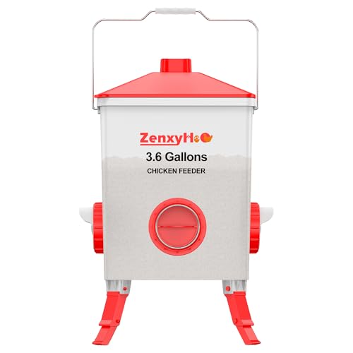 ZenxyHoC 3.6 Gal Chicken Feeder with Anti-Roost Cone 3 Height Adjustable Locking Legs and 4 No-Waste Ports for Backyard Flock