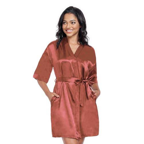Image of Women's Short Satin Robes Lightweight Silky V-Neck Sleepwear Wedding Bridal Party Bride Bridesmaid Bathrobes