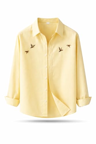 Image of Men's Cotton Blend Casual Wear with Bird Embroidery | Regular Fit Full Sleeve Button Down | Lightweight Summer Style for Daily, Office & Party