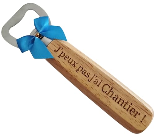 Décapsuleur en Bois Gravé et Personnalisé sur les 2 Faces Thème Chantier et Bâtiment - Accessoire Chantier Humoristique, Cadeau Original Noël, Anniversaire pour Artisan