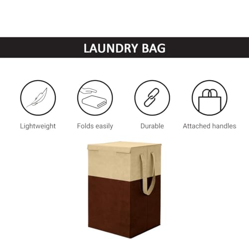 Image of Non Woven Printed Rectangular Foldable Laundry Bag | Lid And Handle Clothes Storage Organiser For Bedroom Dorm Closet Utility Container | 75L Laundry Basket | Beige Brown
