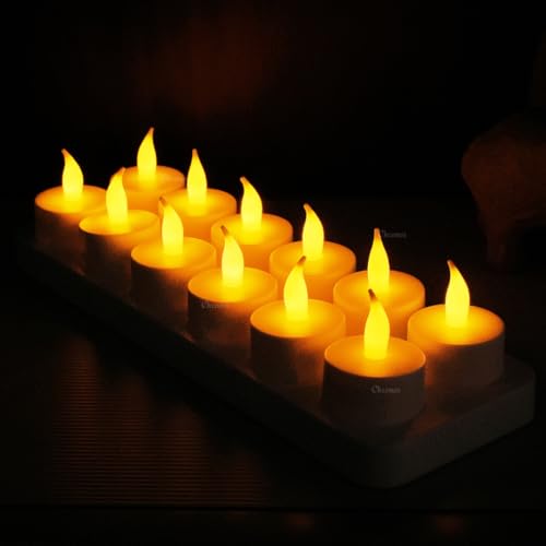 Image of Chronos LED Rechargeable Flameless Tealight, Flickering Tealight Candles White Base with Charging Station (Pack of 12)