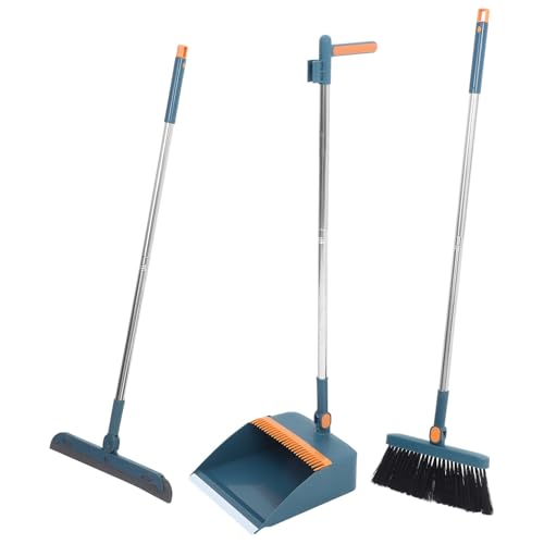 HIAKDOFT 家用清掃三点 ブルー 長柄ほうき ちりとり 床用スク 人間工学設計で手に優しい ステンレス製 水拭き対応で玄関 室内 屋外掃除に