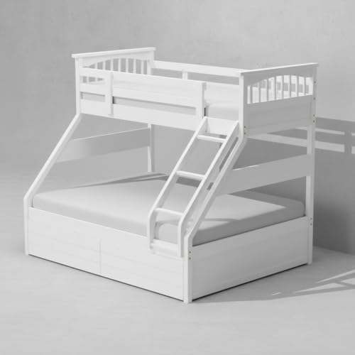 Image of APRODZ Haven Queen Size Solid Wood Bunk Bed with 2 Drawer Storage | Wooden Twin Over Bed with Ladder for Kids' Room Bedroom Living Room Home (White)