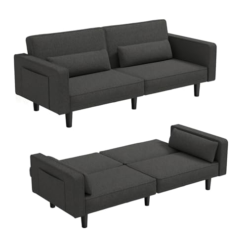 71" Futon Sofa Bed, Convertible Sleeper Sofa Bed Couch, Splitback Futon Couch with 2 Square Pillows, Teddy Velvet Folding Loveseat Sofa Couch, Dark Grey Couches for Living Room, Apartment