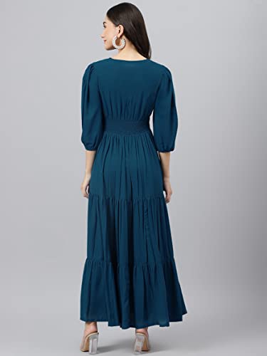 Image of Femvy Women's Fit and Flare Maxi Dress Rayon 3 /4 Sleeve Solid V-Neck Evening Dress 751