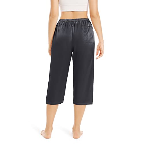 Zeeree Womens Capri Pajamas Pants Silk Satin Sleep Pants Loungewear Elastic Waist Silky Lounge Pj Bottoms With A Pocket (Black, Xx-Large) #TOP2