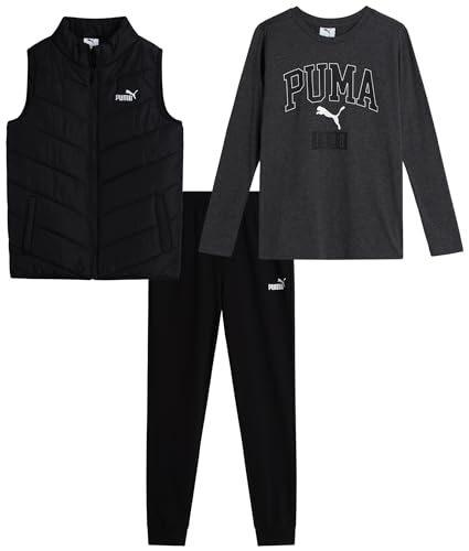 La mejor comparación de Ropa deportiva para Niño disponible en línea. 41 PUMA - Conjunto de pantalones para niños, 3 piezas, chaleco deportivo de poliéster tela con cierre, playera de manga larga y pantalones deportivos de forro polar (8-16),...