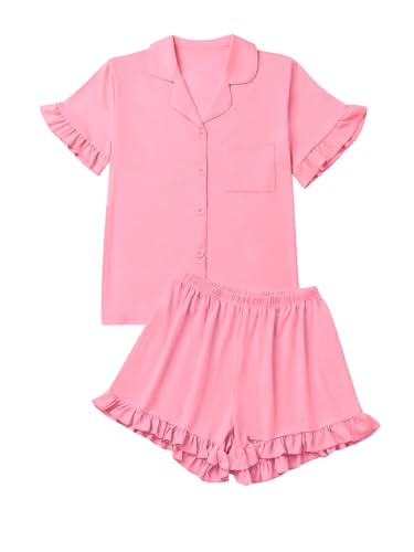 LYANER Women's Button Down V Neck Short Sleeve Ruffle Trim Top with Shorts Sleepwear Pajamas Set