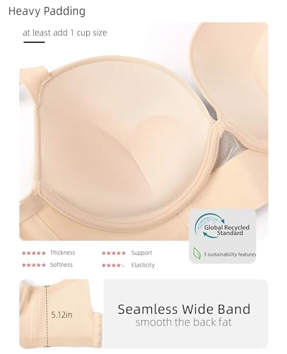 Image of Upushall Padded Push Up Bra Add 2 Cups Longline T Shirt Everyday | Plunge Bras for Women Underwire Support