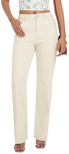 Tsher Women’s High Waisted Jeans, Stretchy Straight Leg Loose Fit Denim Pants, Lightweight Tummy Control Trendy Jeans for Women（2，Beige