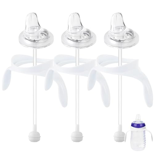 Image of Sippy Cup Conversion Kit for Lansinoh Baby Bottles, Soft Straw Top and Weighted Straw Transition Kit with Handles, Set of 3