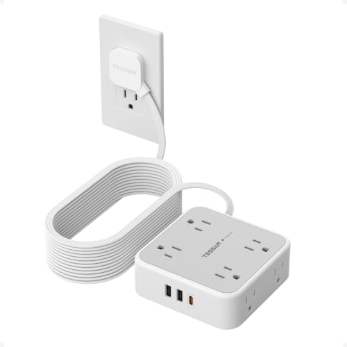 TESSAN Surge Protector Power Strip 25 Ft Flat Plug Extension Cord with 3 USB (1 USB C 20W PD) 8 Outlets 1250W 900J Protection 3 Sided Outlet Extender with Power Switch for Office Dorm Room Grey