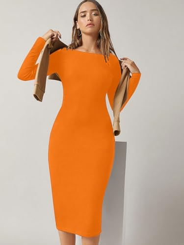 Image of Aahwan Orange Solid Round Neck Solid Bodycon Midi Dress for Women's & Girl's