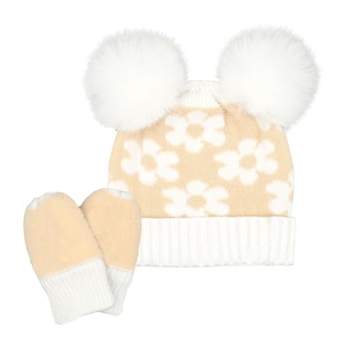 C.C. Baby Daisy Double Knit Skully Beanie and Gloves Set for Toddler with Faux Fur Pom Pom4