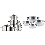 Compuesto x 1 olla grande de 24 cm (5.7 l) con tapa; 1 olla mediana de 20 cm (3.3 l) con tapa; 1 olla pequeña de 16 cm (1.9 l) con tapa; 1 cacerola de (2.5 l) con tapa y 1 cazo de (1.5 l)
