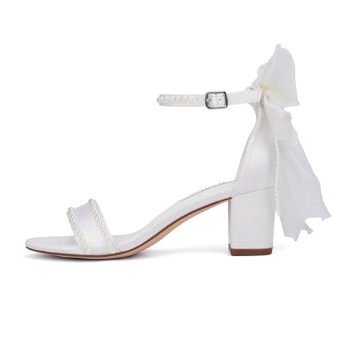 Bow Heels Pearl Wedding Shoes for Bride Low Block Heel Wedding Sandals Open Toe Bridal Shoes3