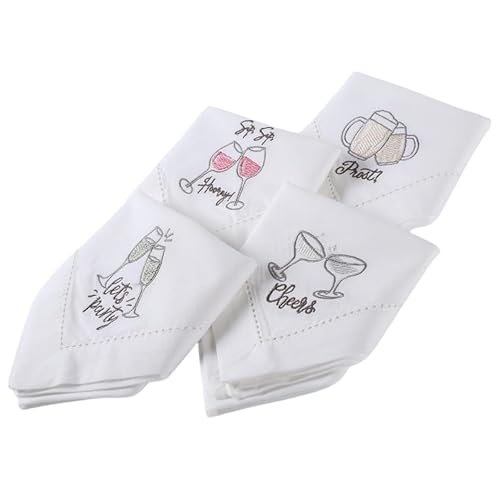 Embroidered Cloth Napkins Set of 4 – 18x18 Inch White Cotton Napkins with Cheers, Let’s Party, Happy & Pretzel Designs – Reusable Table Linen for Dinner, Wedding, Bar – Bedding Craft