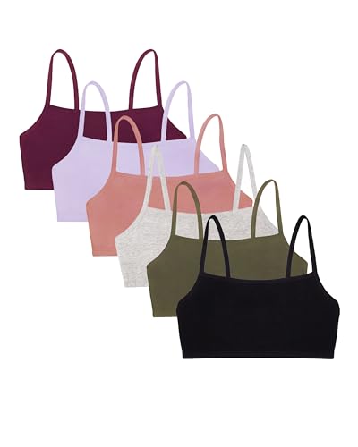 Fruit of The Loom Women's Spaghetti Strap Cotton Pullover Sports Bra Value Pack, Black/Heather Grey/Olive/Purple/Lilac/Dusk