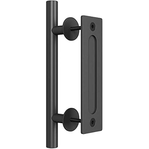 SMARTSTANDARD Heavy Duty 12" Pull and Flush Barn Door Handle Set, Large Rustic Two-Side Design, for Gates Garages Sheds Furniture, Solid Steel Material, Round, Black Cover