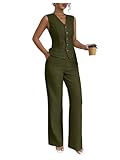 SOLY HUX Women's 2 Piece Outfits V Neck Button Down Vest Tops and High Waisted Pants Set Office Work Suit Solid Army Green Medium