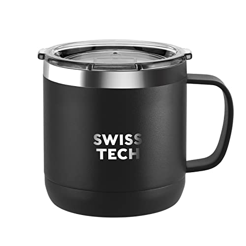Swiss+Tech 14 oz Coffee Mug, Vacuum Insulated Mug Cup with Lid, Double Wall Stainless Steel Travel Tumbler Cup, Corrosion Resistant, BPA Free (Black)