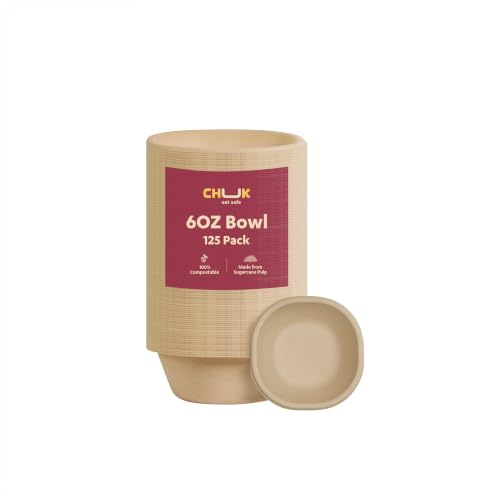 CHUK 125 Pack 6 oz Compostable Bowls Heavy Duty Bagasse Disposable Dessert Bowls PFAS Free BPA Free Leakproof Small Bowls for Ice Cream Sauce Snacks Parties & Catering