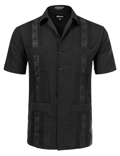 Allsense Men's Short-Sleeve Button-Down Cuban Guayabera Shirt, Black, 3XL