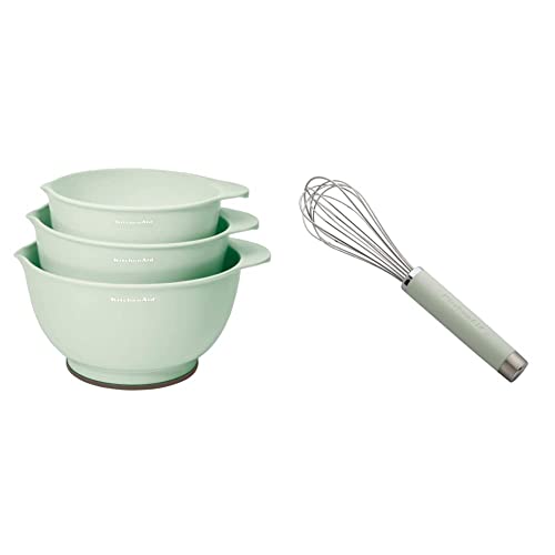 KitchenAid Classic Mixing Bowls, Set of 3, Pistachio & Gourmet Utility Whisk, 10.5-Inch, Matte Pistachio